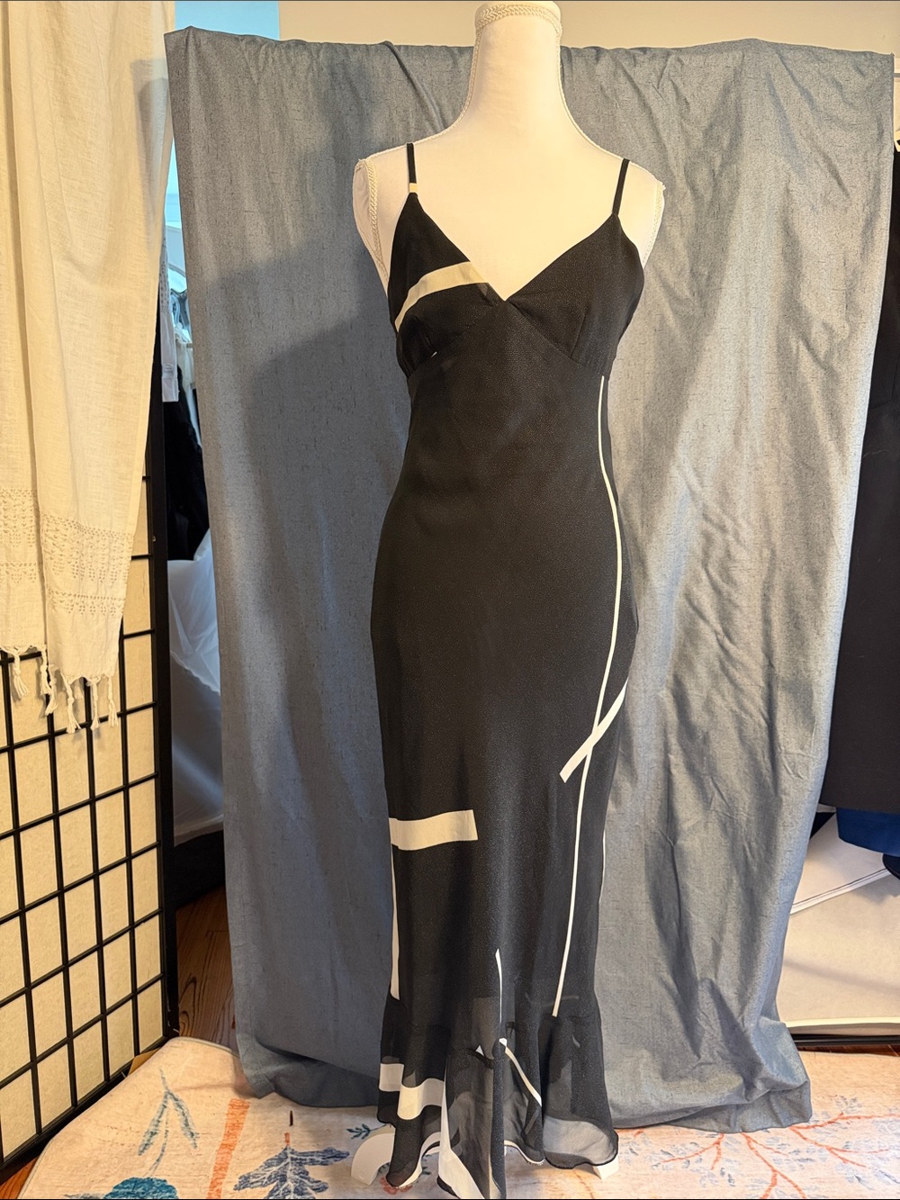 Vintage 90’s Black Slip Dress with White Abstract Accents